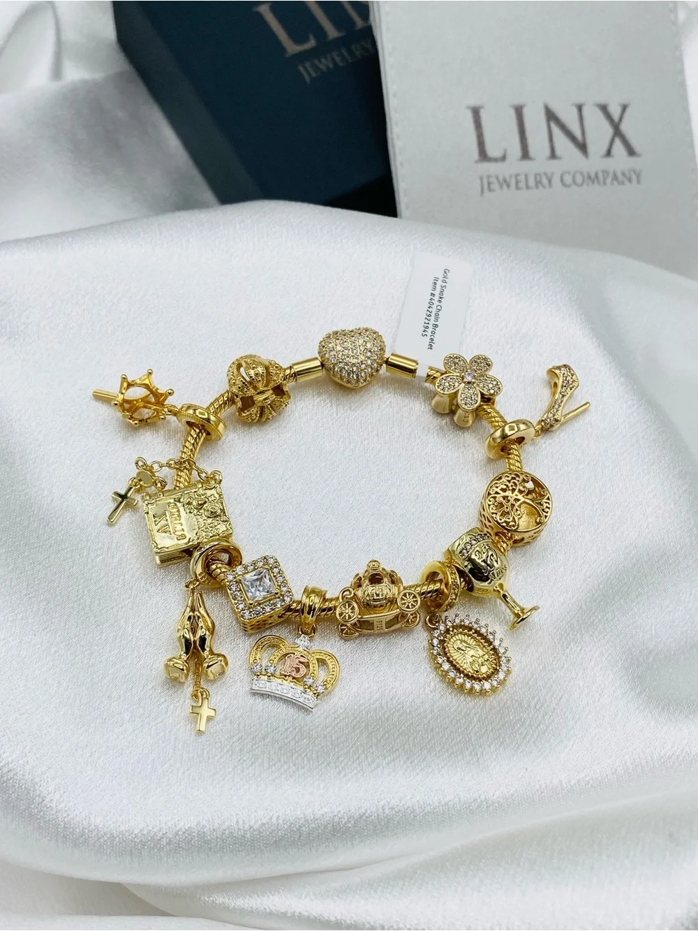 Linx Gold Snake Chain Bracelet with Religious Quinceanera Themed Charms